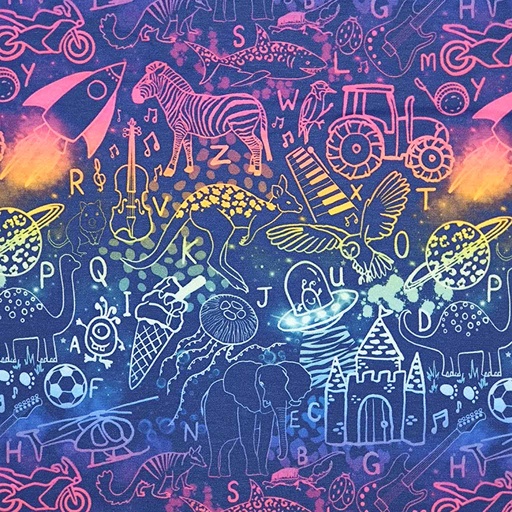 Jersey bio GOTS & Oeko-Tex | A-Z doodle (marine/rainbow)