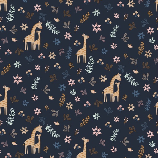 Popeline bio GOTS & Oeko-Tex | Girafes et fleurs (marine)