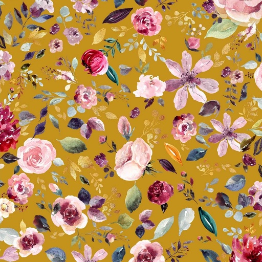 [VHT-08419.005] 📏Jersey bio GOTS & Oeko-Tex ocre | Fleurs aquarelles