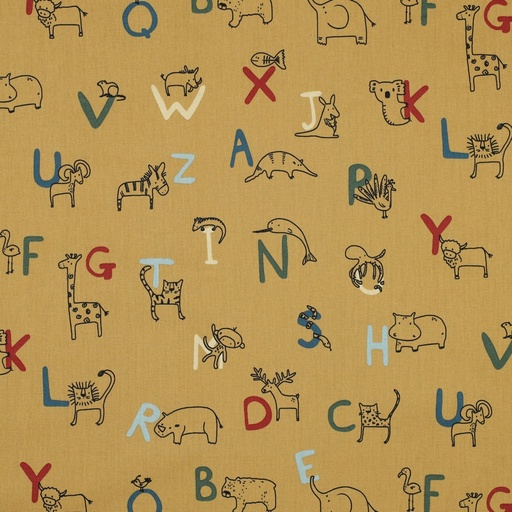 [VHT-05502.008 MUSTARD] Popeline bio GOTS & Oeko-Tex | Animal alphabet (Mustard)