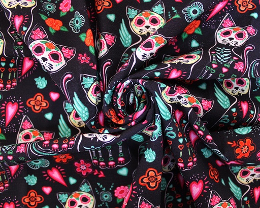 [WSF-9953 BLACK] Coton Oeko-Tex | Sugar Skull Cats (Black)